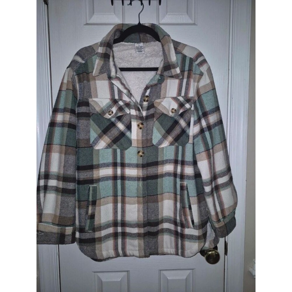 Sherpa Lined Plaid Shirt Jacket Shacket Green Brown Size S